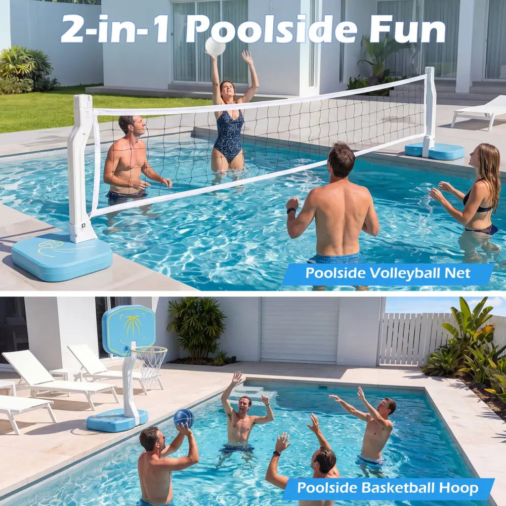 2-in-1 Pool Basketball Hoop and Pool Volleyball Net - Blue - Sport Equipments