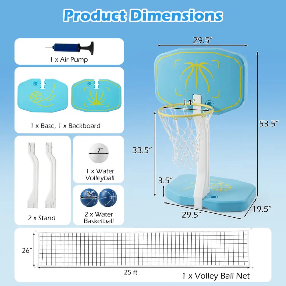 2-in-1 Pool Basketball Hoop and Pool Volleyball Net - Blue - Sport Equipments