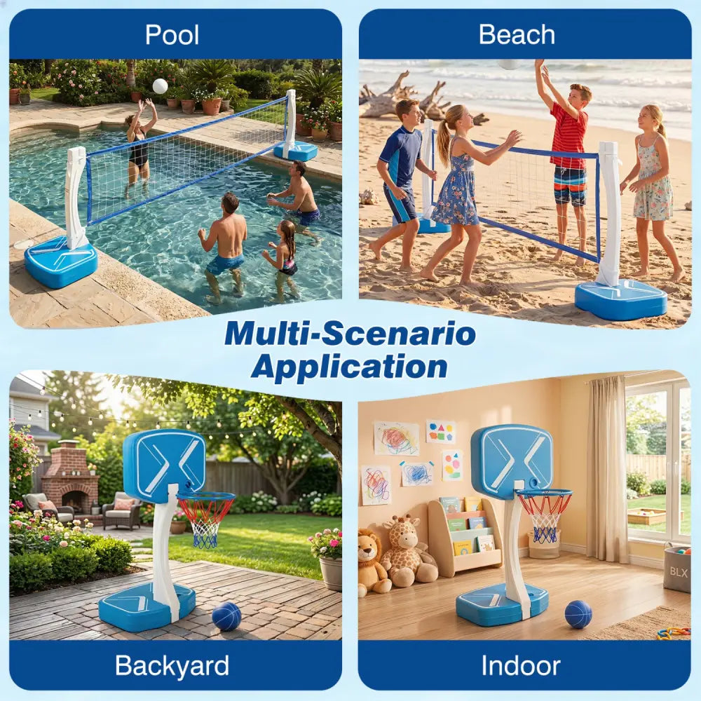 2-in-1 Pool Basketball Hoop and Pool Volleyball Net with Weighted Base - Blue - Sport Equipments