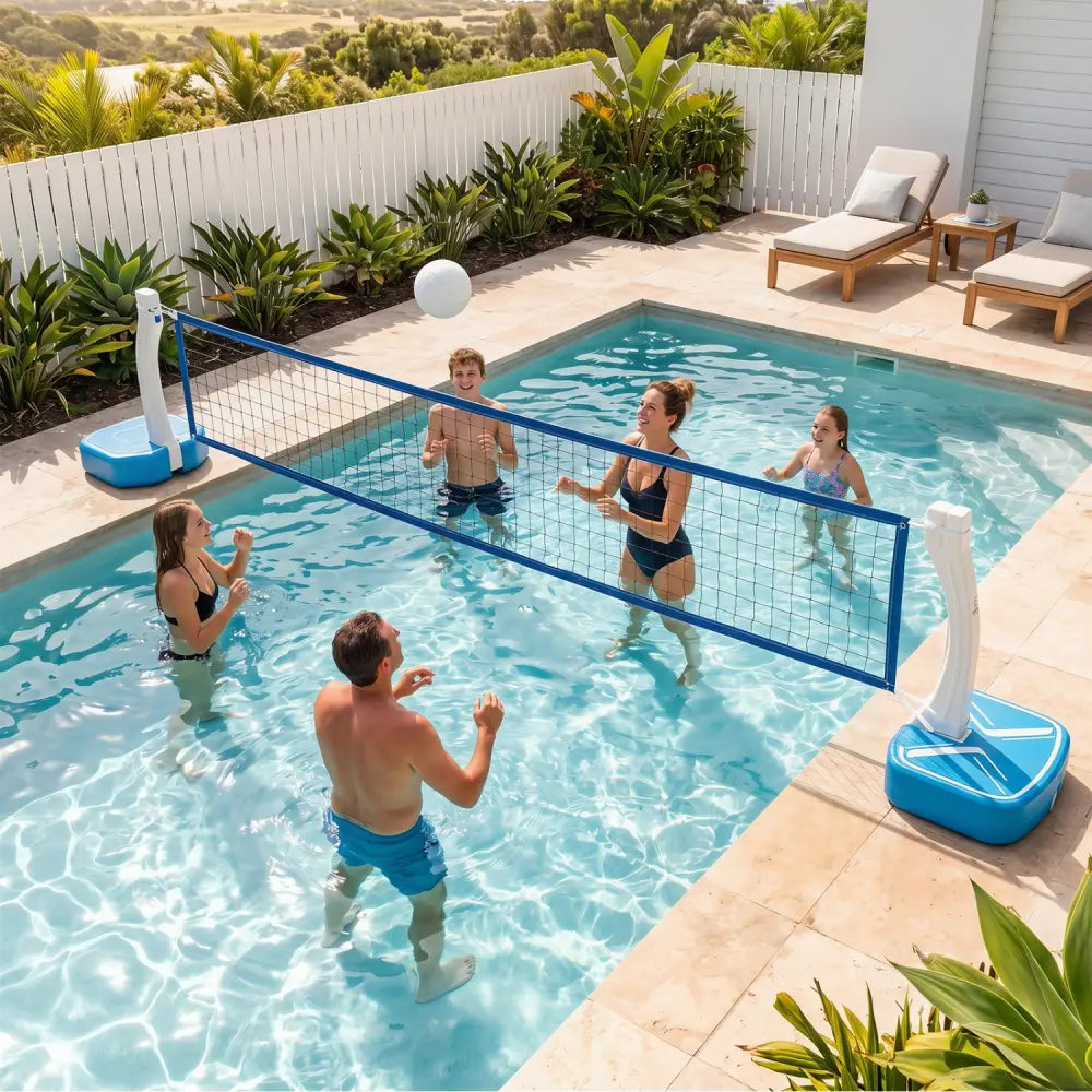 2-in-1 Pool Basketball Hoop and Pool Volleyball Net with Weighted Base - Blue - Sport Equipments
