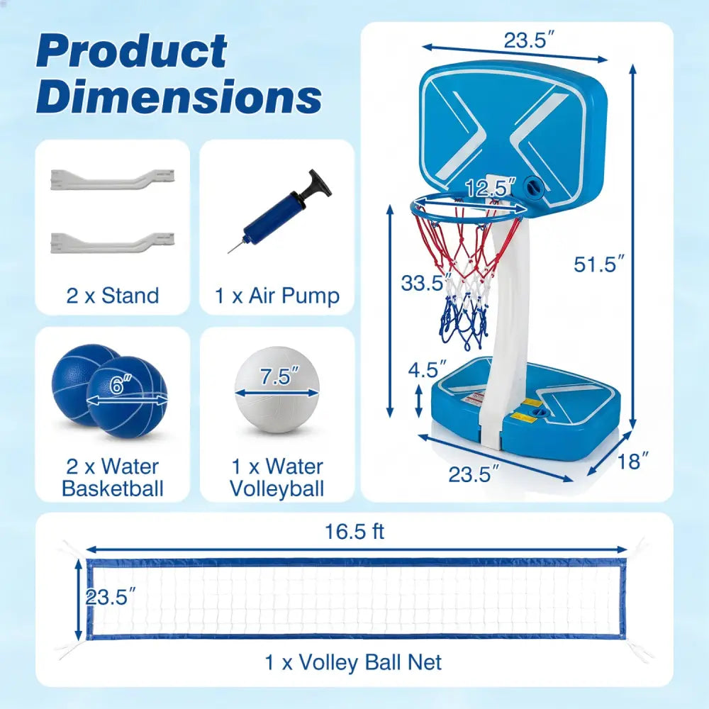 2-in-1 Pool Basketball Hoop and Pool Volleyball Net with Weighted Base - Blue - Sport Equipments