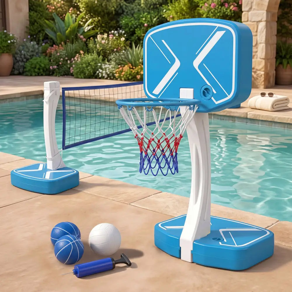 2-in-1 Pool Basketball Hoop and Pool Volleyball Net with Weighted Base - Blue - Sport Equipments