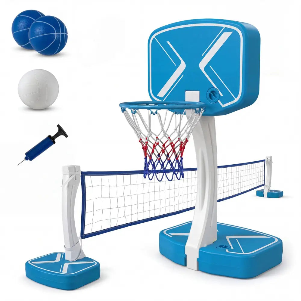 2-in-1 Pool Basketball Hoop and Pool Volleyball Net with Weighted Base - Blue - Sport Equipments