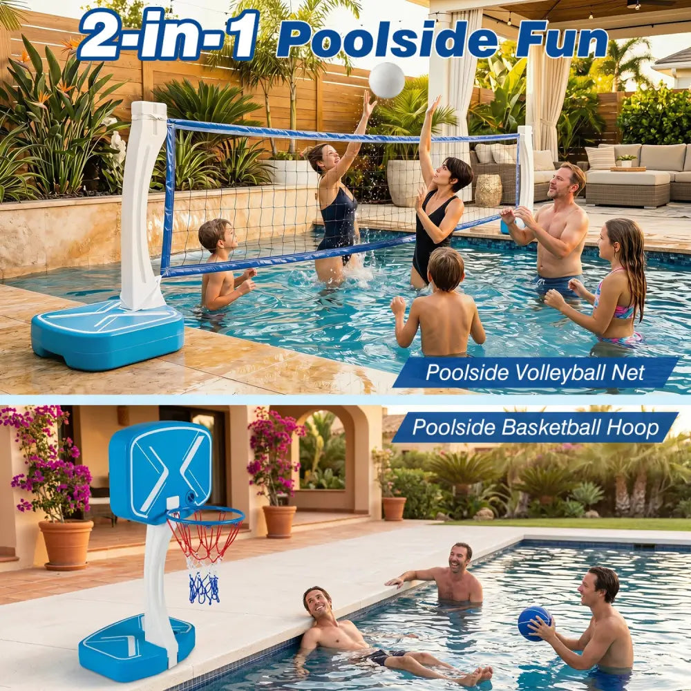 2-in-1 Pool Basketball Hoop and Pool Volleyball Net with Weighted Base - Blue - Sport Equipments