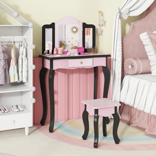 2 in 1 Princess Dressing Table Writing Desk with Cute Leopard Print 3 Makeup Accessories-Pink - Pink - Kids Vanities