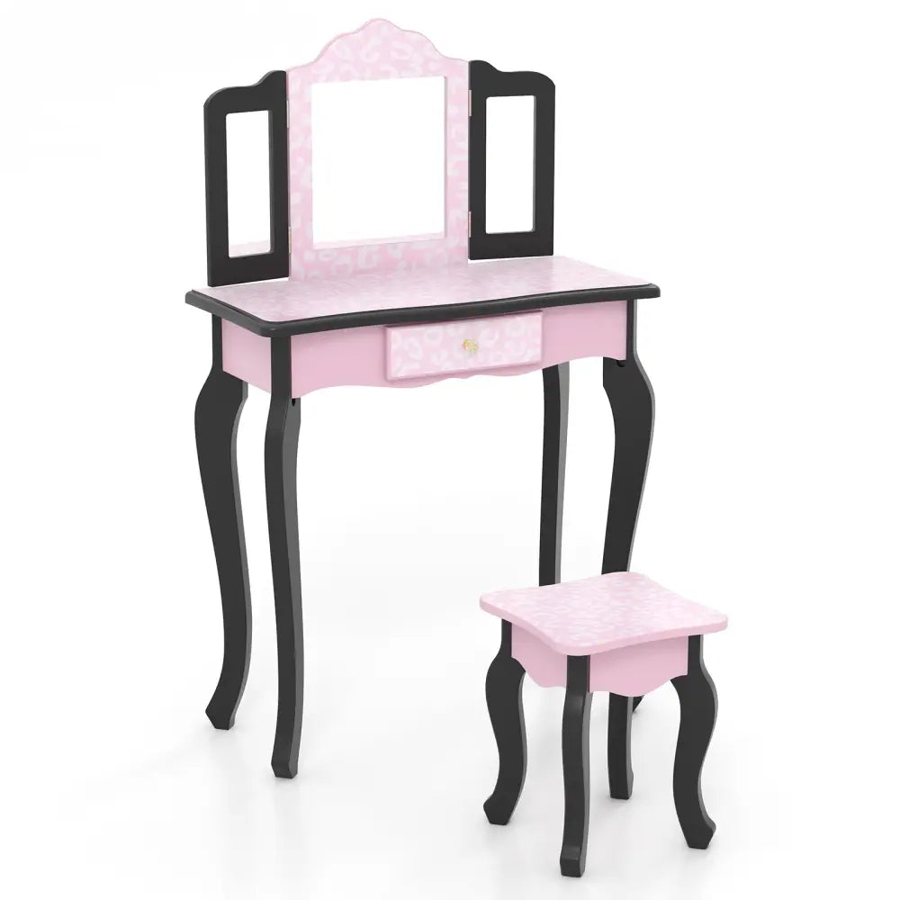 2 in 1 Princess Dressing Table Writing Desk with Cute Leopard Print 3 Makeup Accessories-Pink - Pink - Kids Vanities