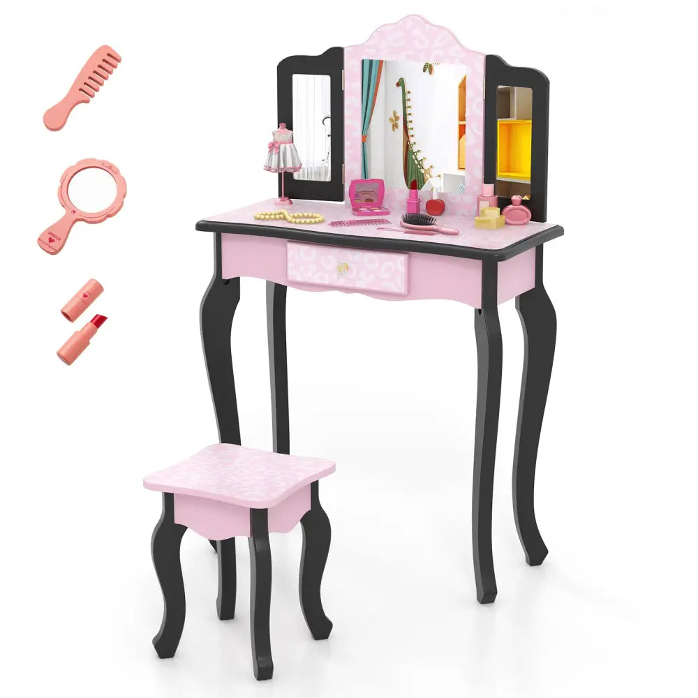 2 in 1 Princess Dressing Table Writing Desk with Cute Leopard Print 3 Makeup Accessories-Pink - Pink - Kids Vanities