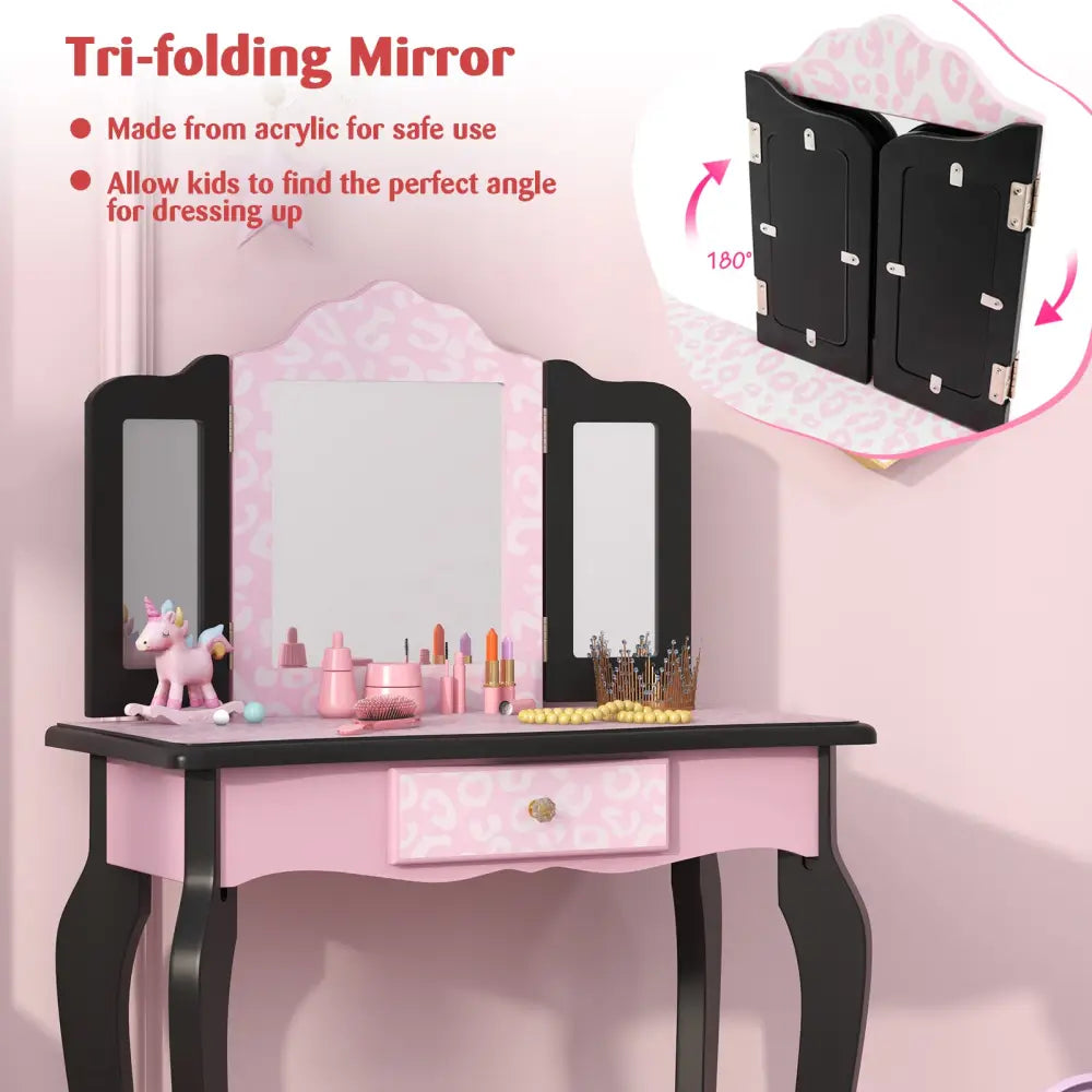 2 in 1 Princess Dressing Table Writing Desk with Cute Leopard Print 3 Makeup Accessories-Pink - Pink - Kids Vanities