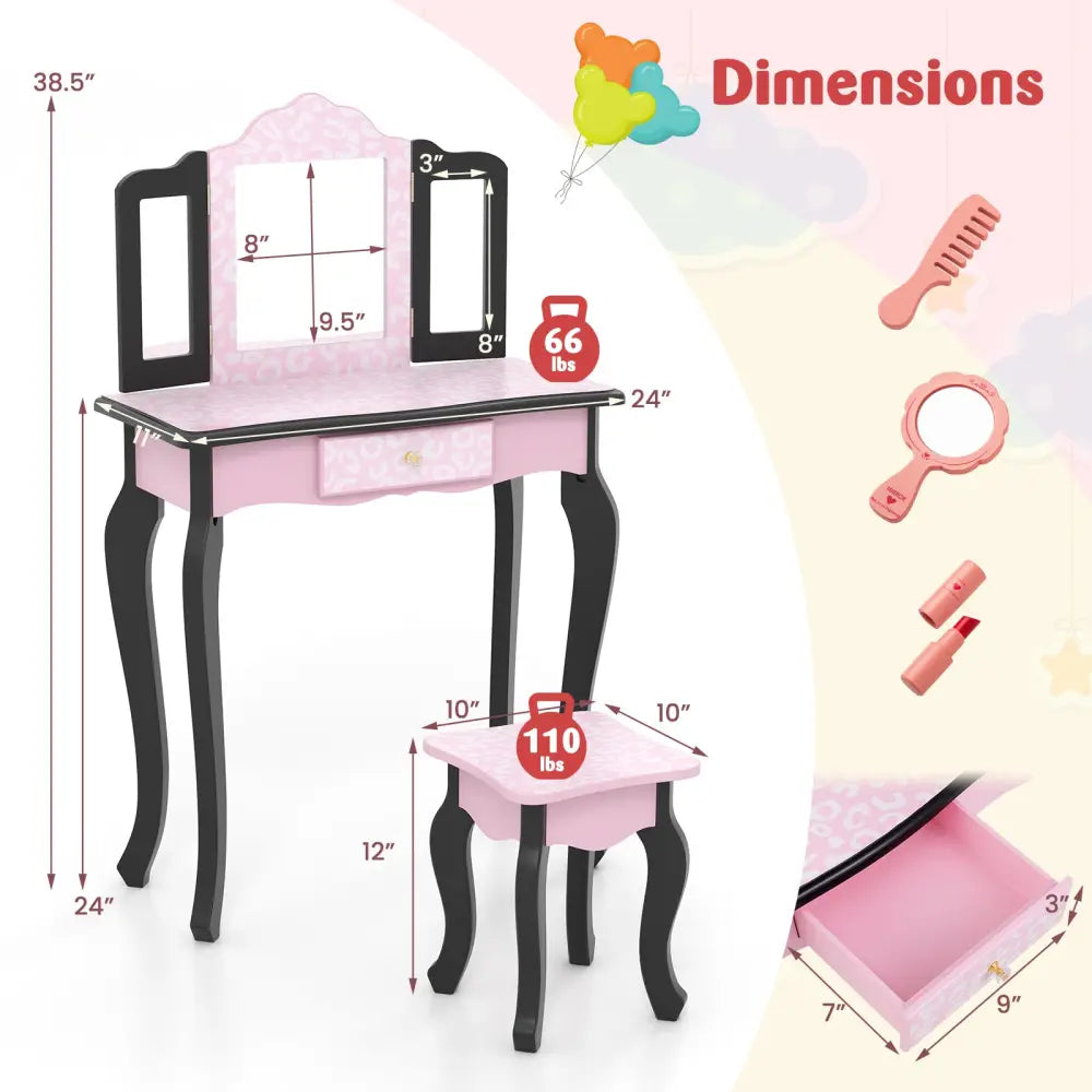 2 in 1 Princess Dressing Table Writing Desk with Cute Leopard Print 3 Makeup Accessories-Pink - Pink - Kids Vanities