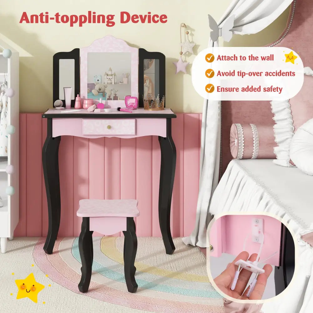 2 in 1 Princess Dressing Table Writing Desk with Cute Leopard Print 3 Makeup Accessories-Pink - Pink - Kids Vanities