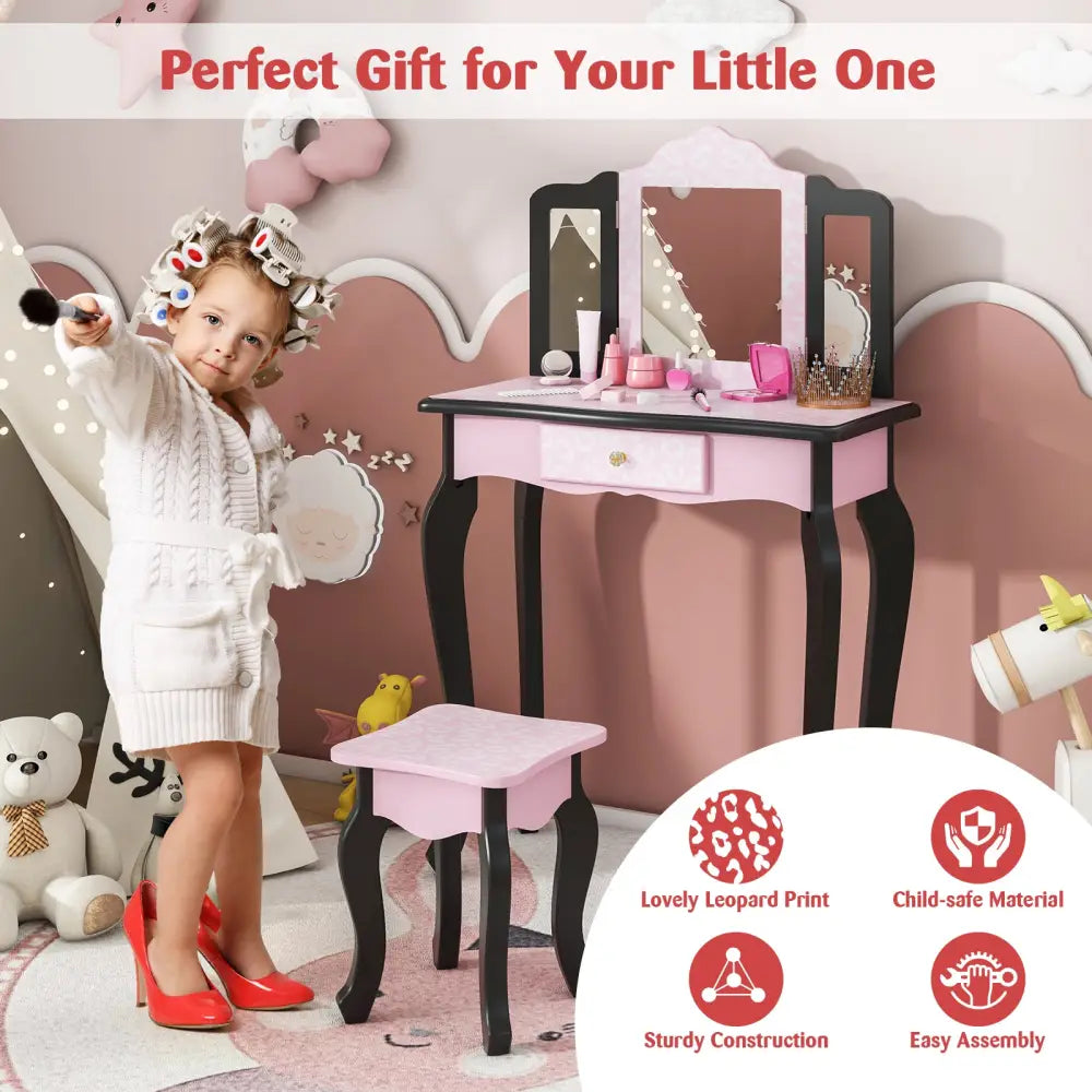 2 in 1 Princess Dressing Table Writing Desk with Cute Leopard Print 3 Makeup Accessories-Pink - Pink - Kids Vanities