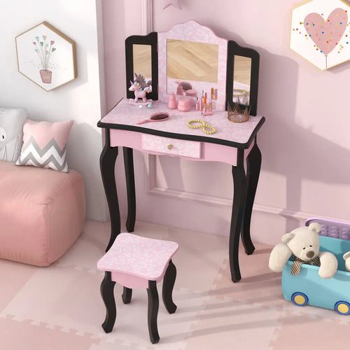 2 in 1 Princess Dressing Table Writing Desk with Cute Leopard Print 3 Makeup Accessories-Pink - Pink - Kids Vanities