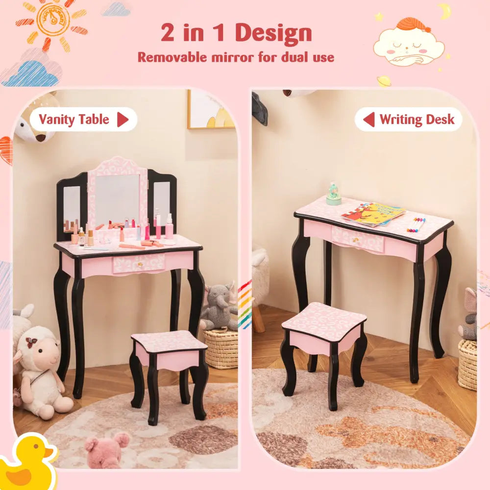 2 in 1 Princess Dressing Table Writing Desk with Cute Leopard Print 3 Makeup Accessories-Pink - Pink - Kids Vanities