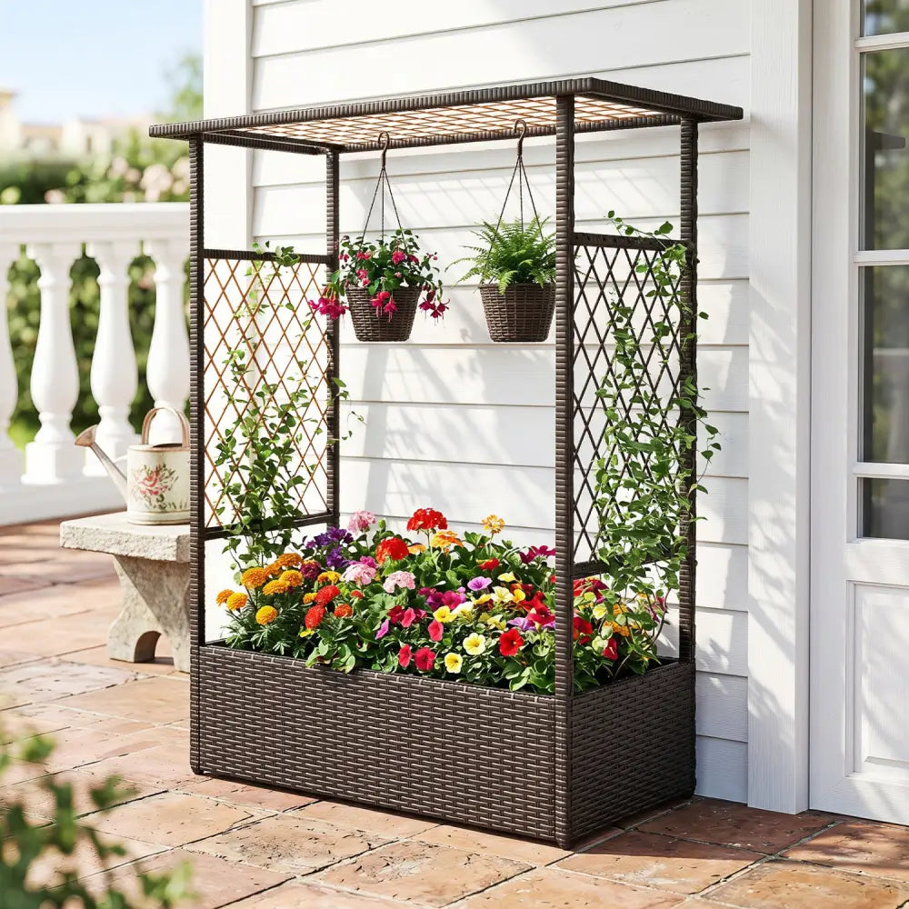 2-in-1 Raised Garden Bed with Hanging Roof and Trellises-Brown - Brown - Raised Garden Beds