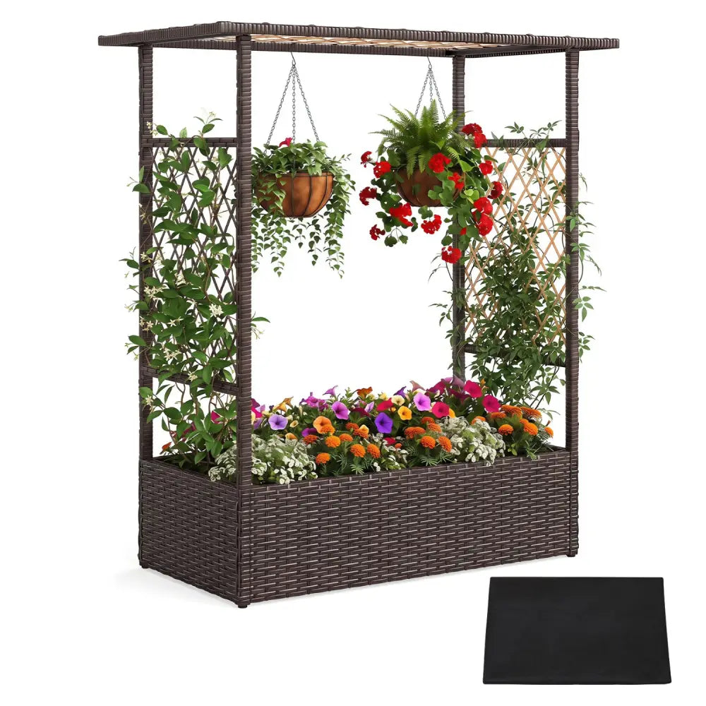 2-in-1 Raised Garden Bed with Hanging Roof and Trellises-Brown - Brown - Raised Garden Beds