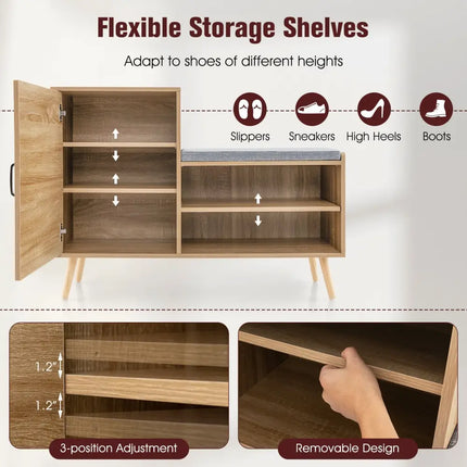 2-in-1 Rattan Shoe Cabinet with Bench Shoe Storage Bench with Washable Cushion-Natural - Natural - Shoe Racks & Storage