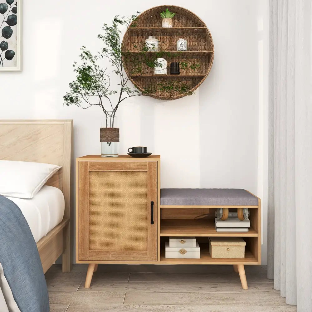 2-in-1 Rattan Shoe Cabinet with Bench Shoe Storage Bench with Washable Cushion-Natural - Natural - Shoe Racks & Storage