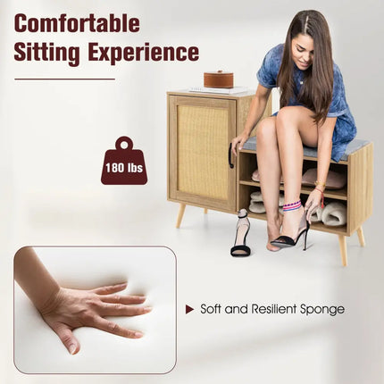 2-in-1 Rattan Shoe Cabinet with Bench Shoe Storage Bench with Washable Cushion-Natural - Natural - Shoe Racks & Storage