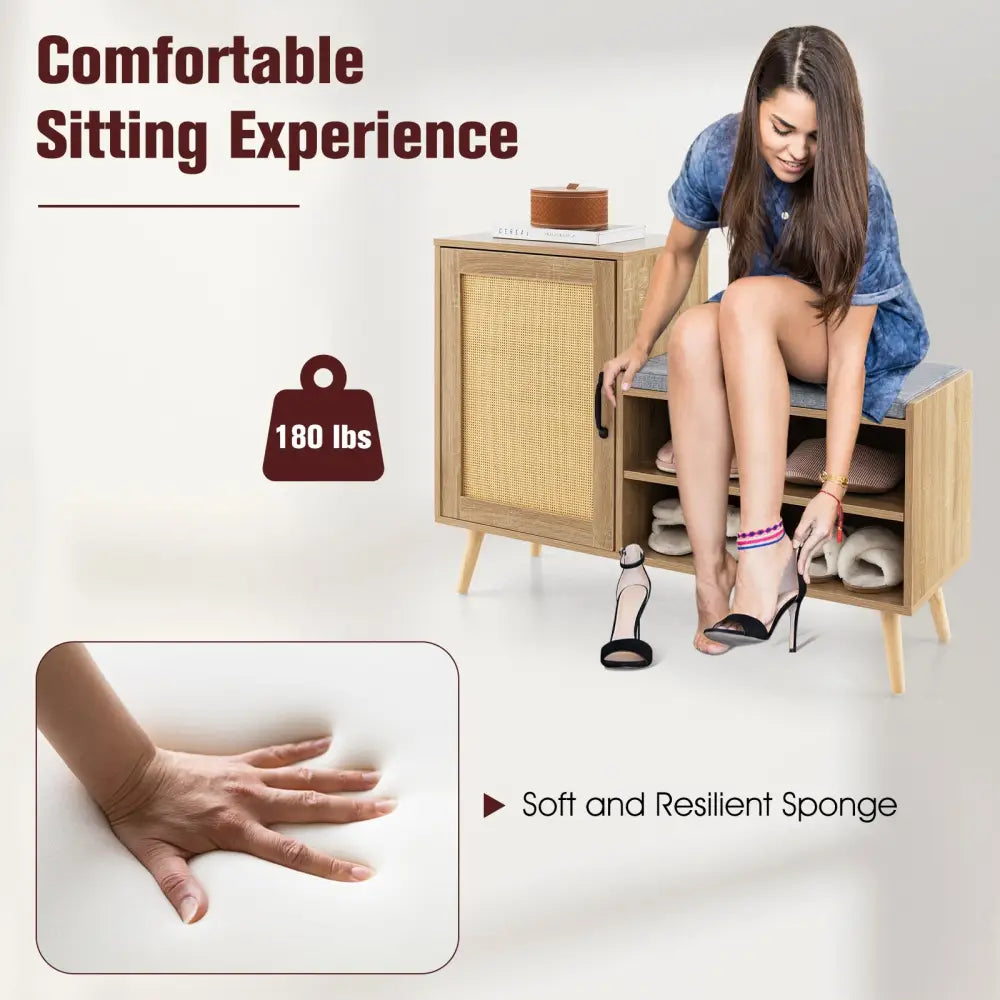 2-in-1 Rattan Shoe Cabinet with Bench Shoe Storage Bench with Washable Cushion-Natural - Natural - Shoe Racks & Storage