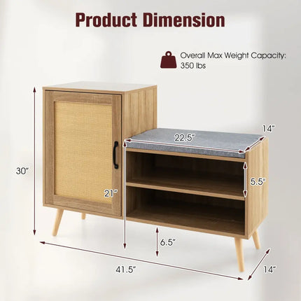 2-in-1 Rattan Shoe Cabinet with Bench Shoe Storage Bench with Washable Cushion-Natural - Natural - Shoe Racks & Storage