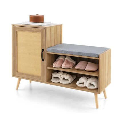 2-in-1 Rattan Shoe Cabinet with Bench Shoe Storage Bench with Washable Cushion-Natural - Natural - Shoe Racks & Storage