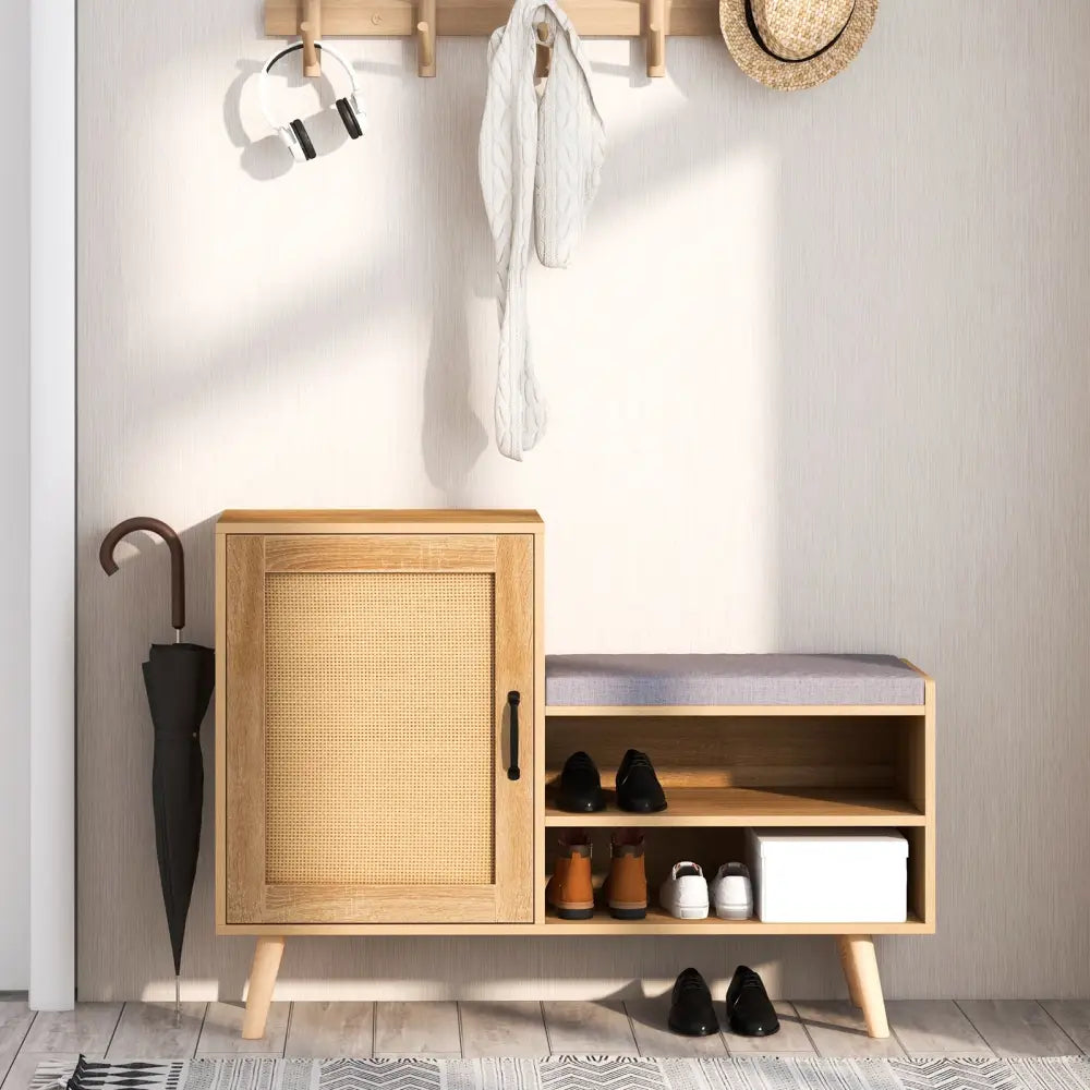 2-in-1 Rattan Shoe Cabinet with Bench Shoe Storage Bench with Washable Cushion-Natural - Natural - Shoe Racks & Storage