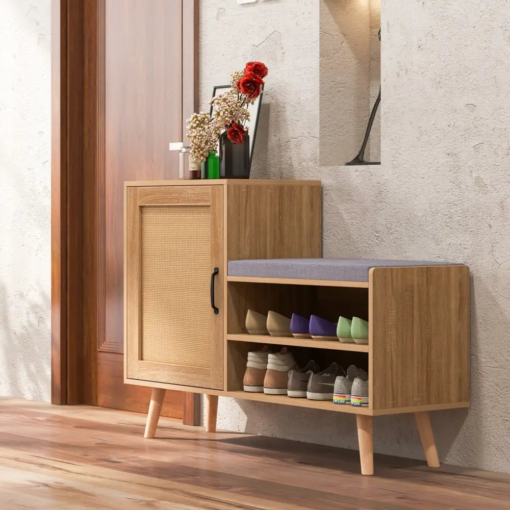 2-in-1 Rattan Shoe Cabinet with Bench Shoe Storage Bench with Washable Cushion-Natural - Natural - Shoe Racks & Storage
