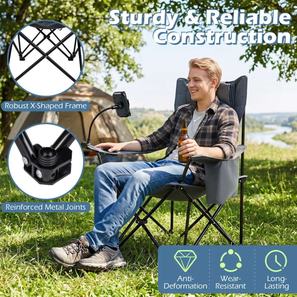 2-in-1 Reclining Camping Chair with 3-Level Adjustable Backrest-Gray - Gray - Camping Furniture
