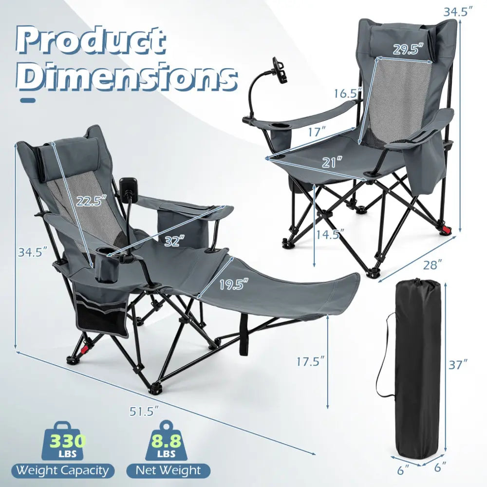 2-in-1 Reclining Camping Chair with 3-Level Adjustable Backrest-Gray - Gray - Camping Furniture