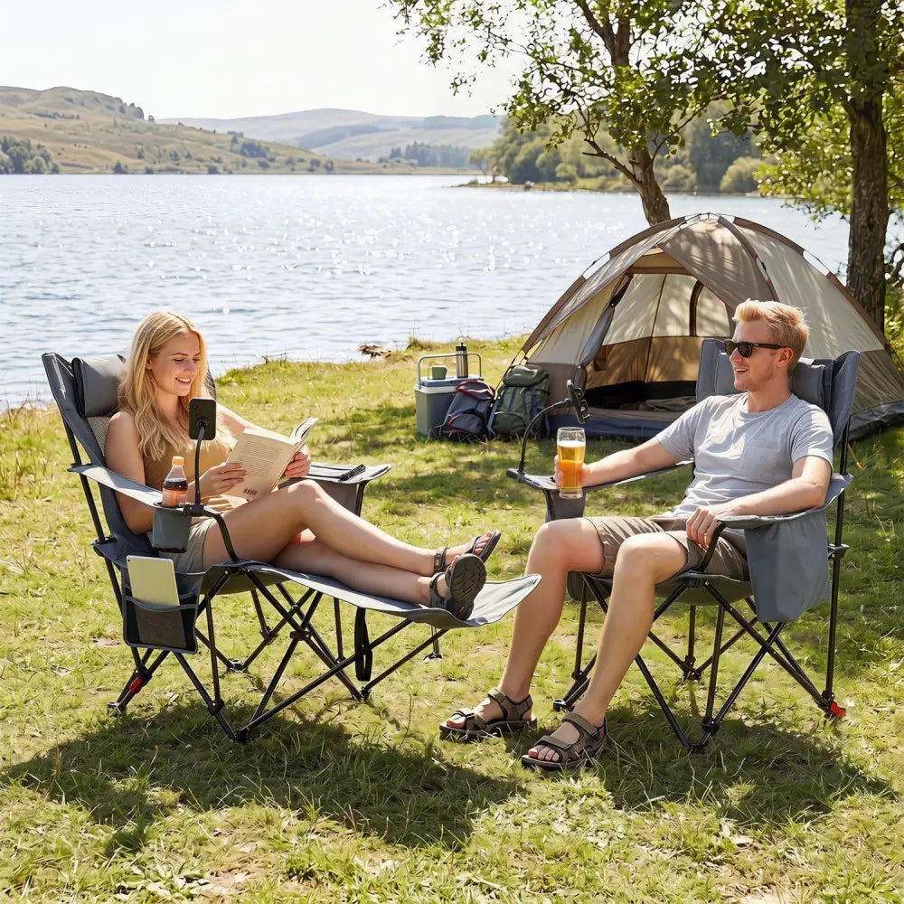 2-in-1 Reclining Camping Chair with 3-Level Adjustable Backrest-Gray - Gray - Camping Furniture