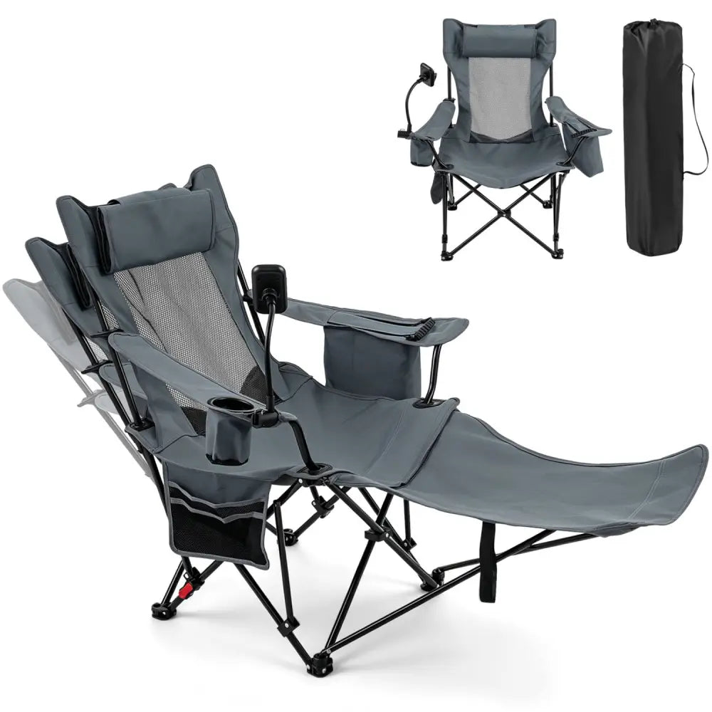 2-in-1 Reclining Camping Chair with 3-Level Adjustable Backrest-Gray - Gray - Camping Furniture