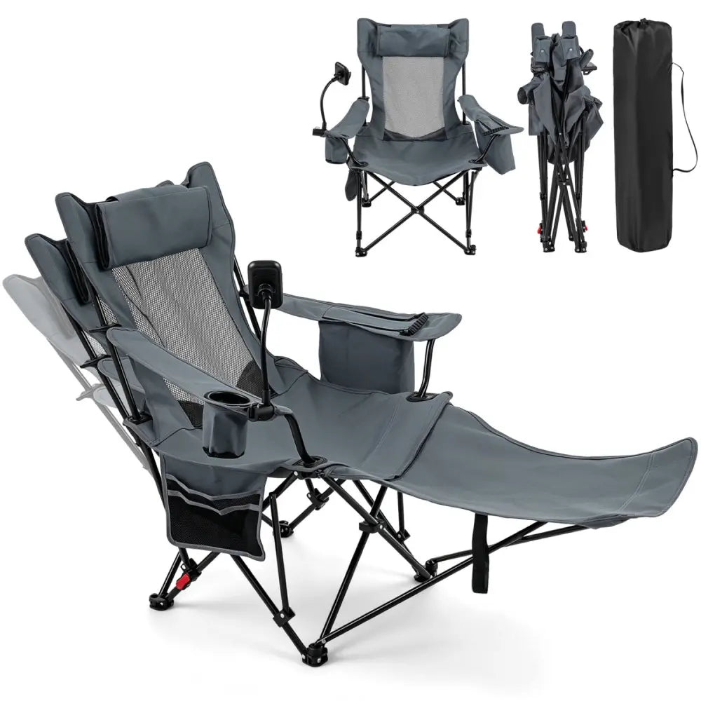2-in-1 Reclining Camping Chair with 3-Level Adjustable Backrest-Gray - Gray - Camping Furniture