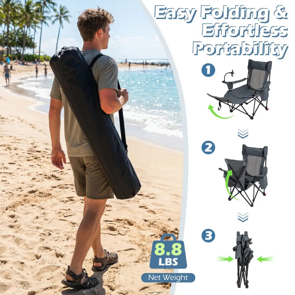 2-in-1 Reclining Camping Chair with 3-Level Adjustable Backrest-Gray - Gray - Camping Furniture