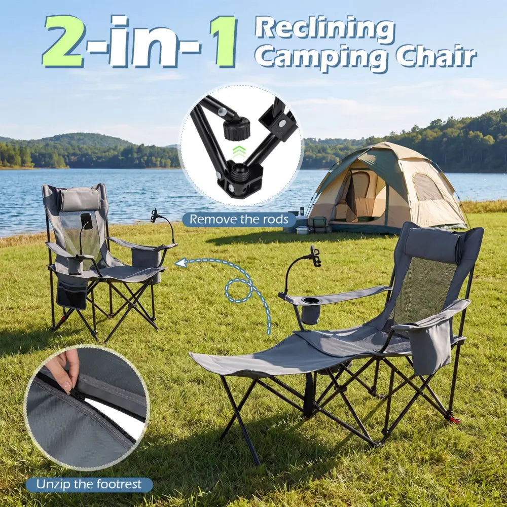 2-in-1 Reclining Camping Chair with 3-Level Adjustable Backrest-Gray - Gray - Camping Furniture
