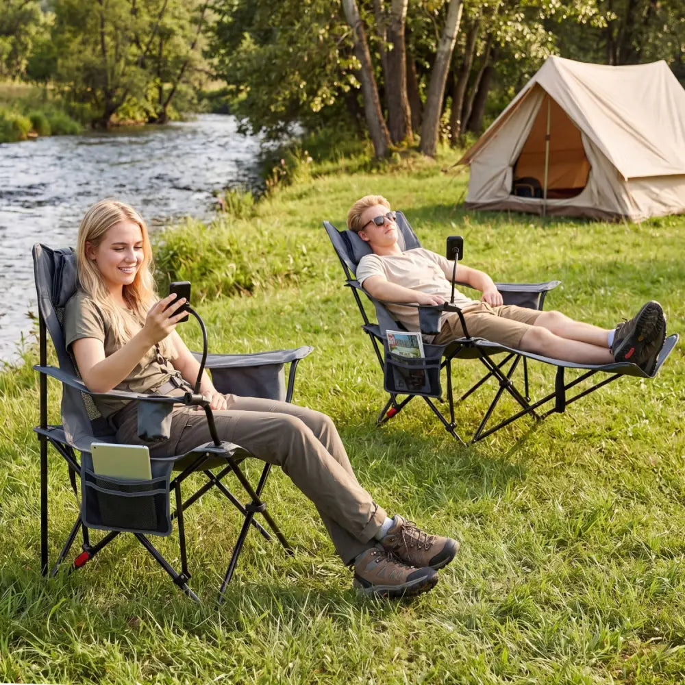 2-in-1 Reclining Camping Chair with 3-Level Adjustable Backrest-Gray - Gray - Camping Furniture