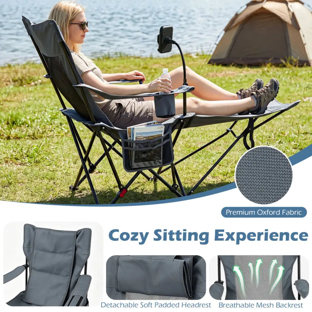 2-in-1 Reclining Camping Chair with 3-Level Adjustable Backrest-Gray - Gray - Camping Furniture