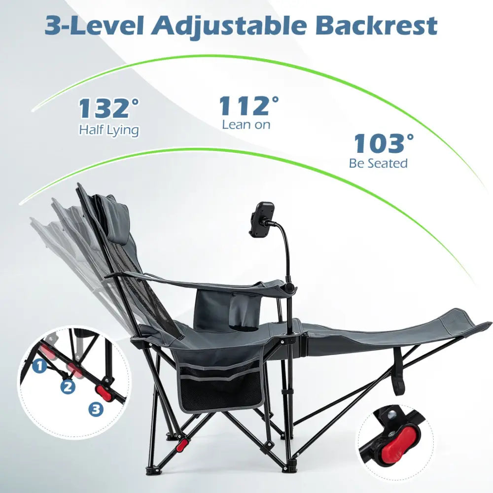 2-in-1 Reclining Camping Chair with 3-Level Adjustable Backrest-Gray - Gray - Camping Furniture