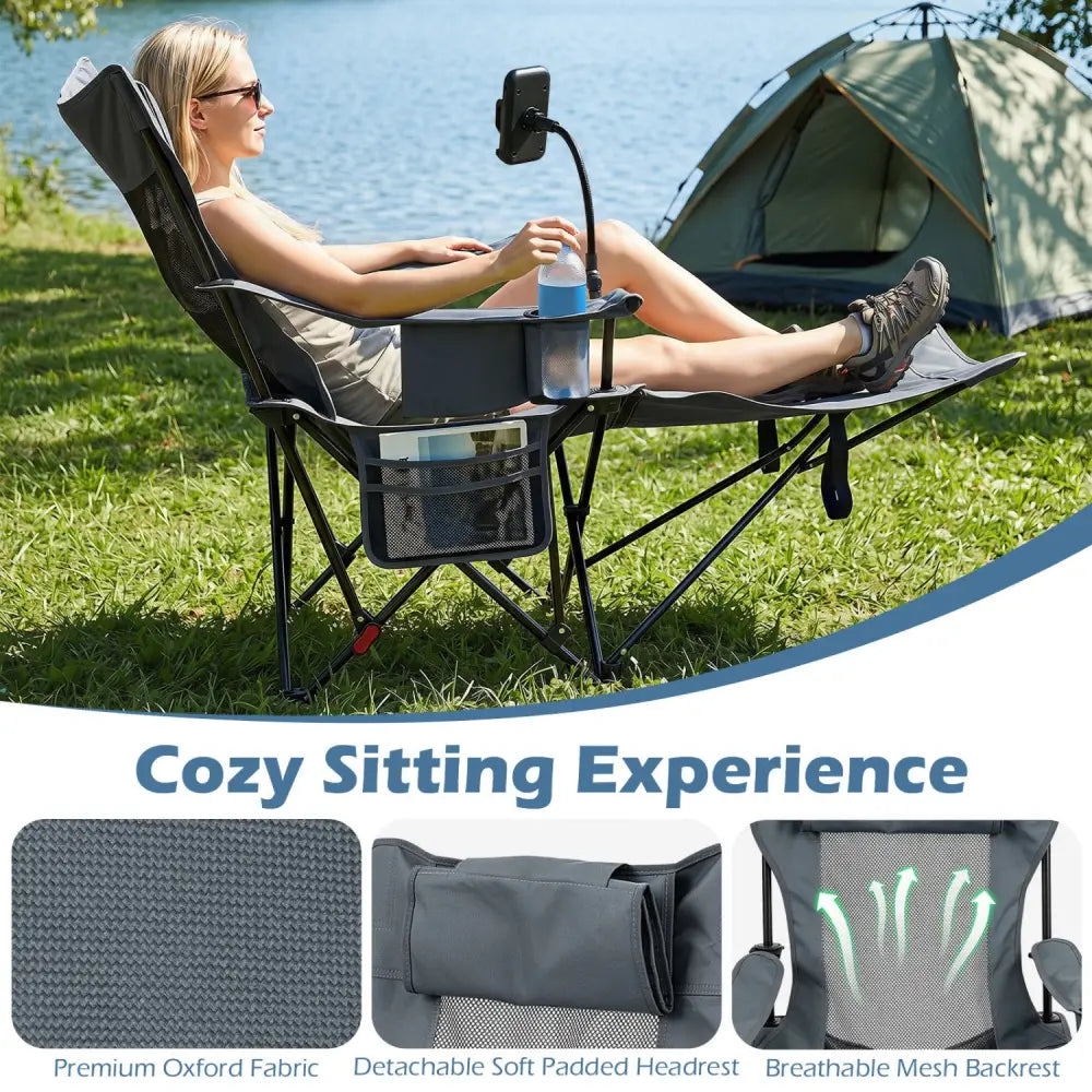 2-in-1 Reclining Camping Chair with 3-Level Adjustable Backrest-Gray - Gray - Camping Furniture
