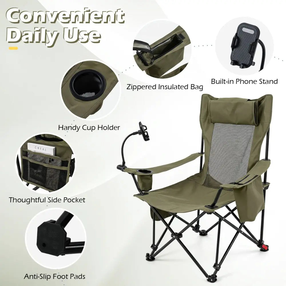 2-in-1 Reclining Camping Chair with 3-Level Adjustable Backrest-Green - Green - Camping Furniture