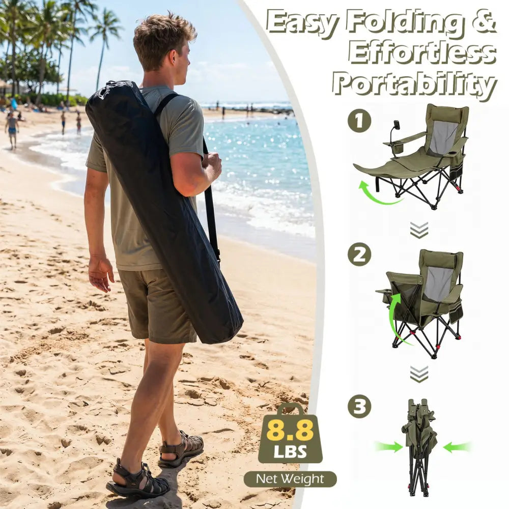 2-in-1 Reclining Camping Chair with 3-Level Adjustable Backrest-Green - Green - Camping Furniture