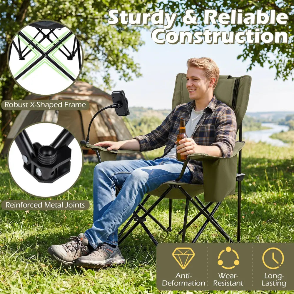 2-in-1 Reclining Camping Chair with 3-Level Adjustable Backrest-Green - Green - Camping Furniture