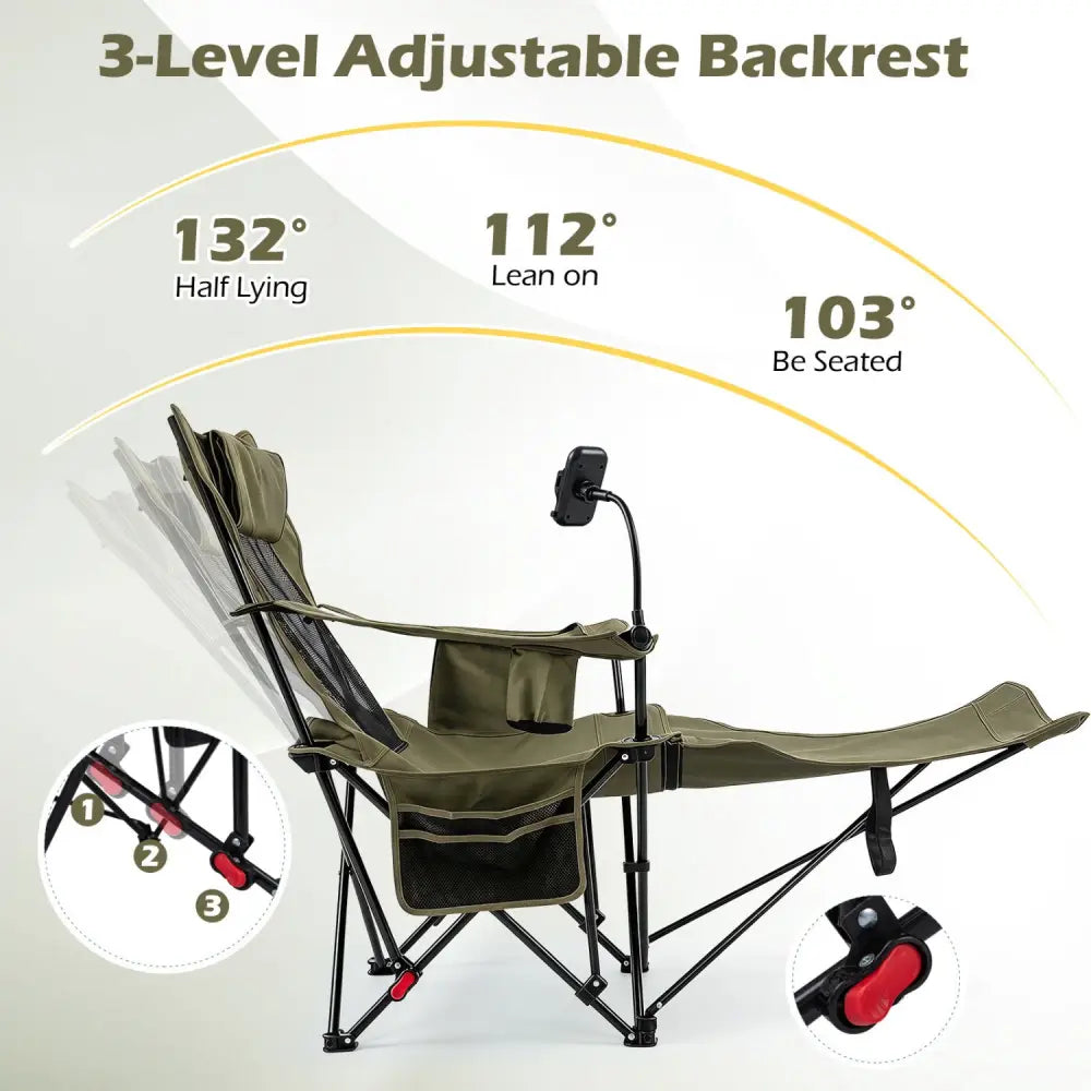 2-in-1 Reclining Camping Chair with 3-Level Adjustable Backrest-Green - Green - Camping Furniture