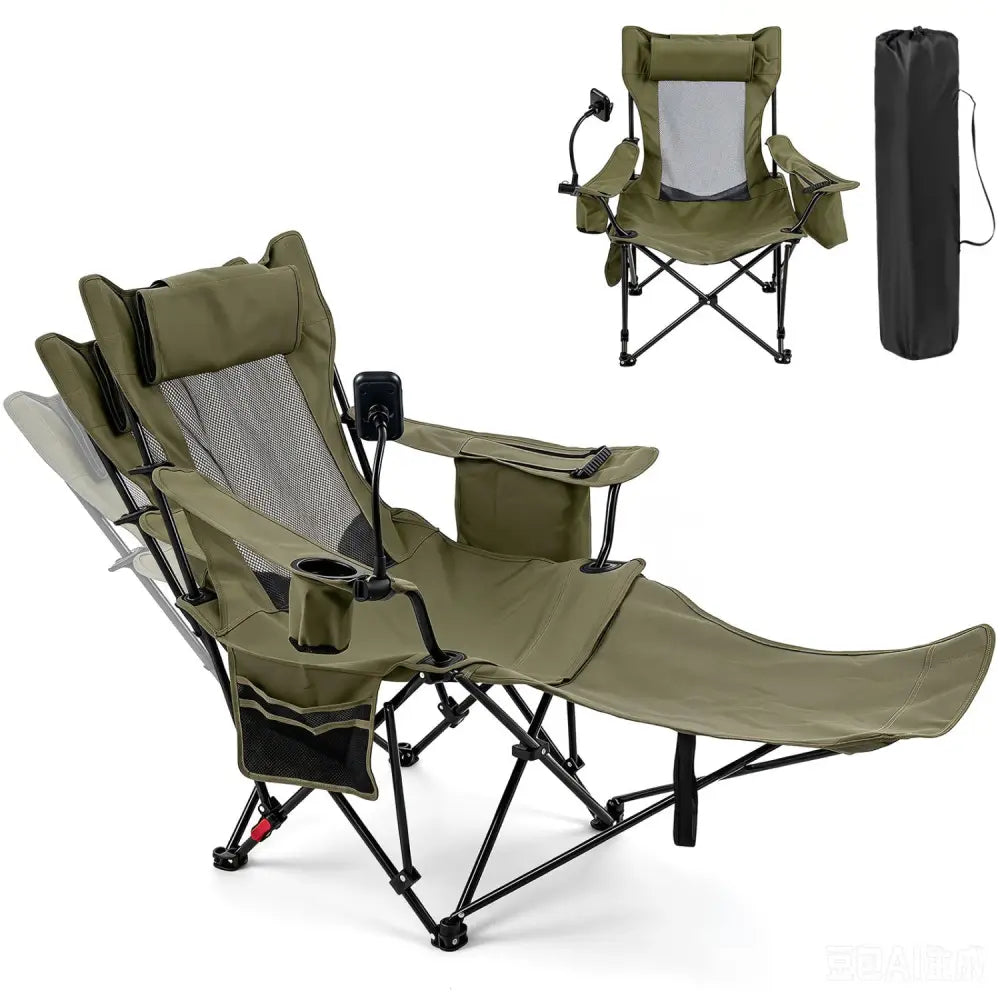 2-in-1 Reclining Camping Chair with 3-Level Adjustable Backrest-Green - Green - Camping Furniture