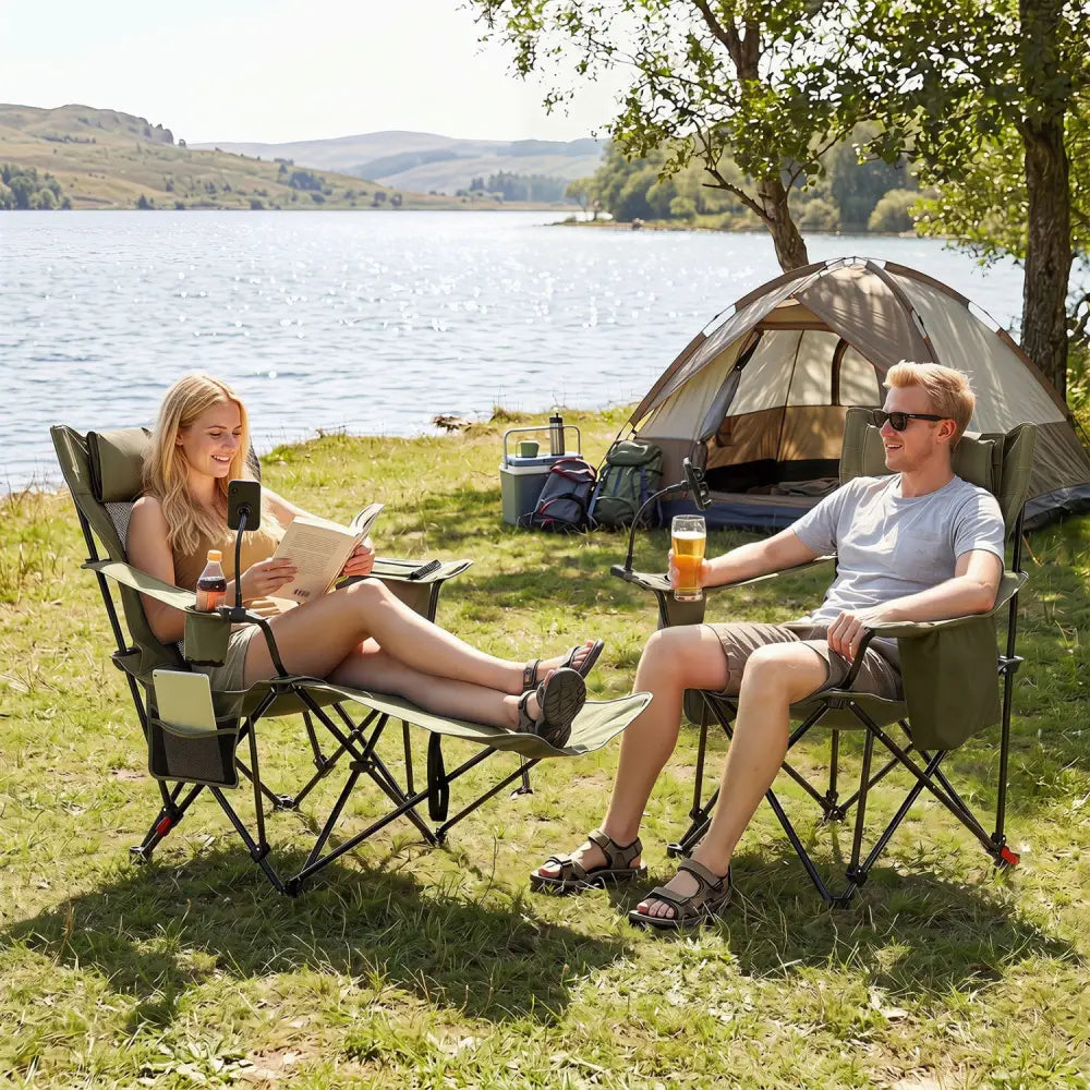 2-in-1 Reclining Camping Chair with 3-Level Adjustable Backrest-Green - Green - Camping Furniture