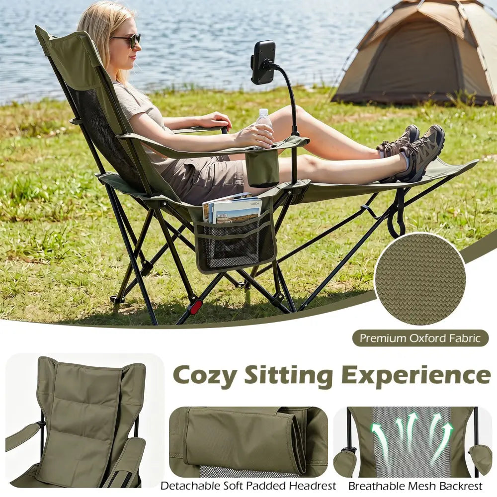 2-in-1 Reclining Camping Chair with 3-Level Adjustable Backrest-Green - Green - Camping Furniture