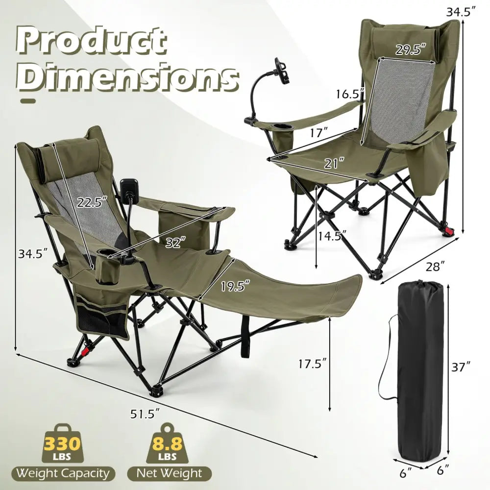 2-in-1 Reclining Camping Chair with 3-Level Adjustable Backrest-Green - Green - Camping Furniture