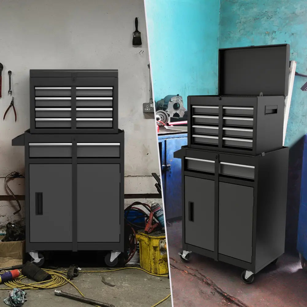 2-in-1 Rolling Tool Chest with 5 Sliding Lockable Drawers-Black & Gray - Black & Gray - Garages