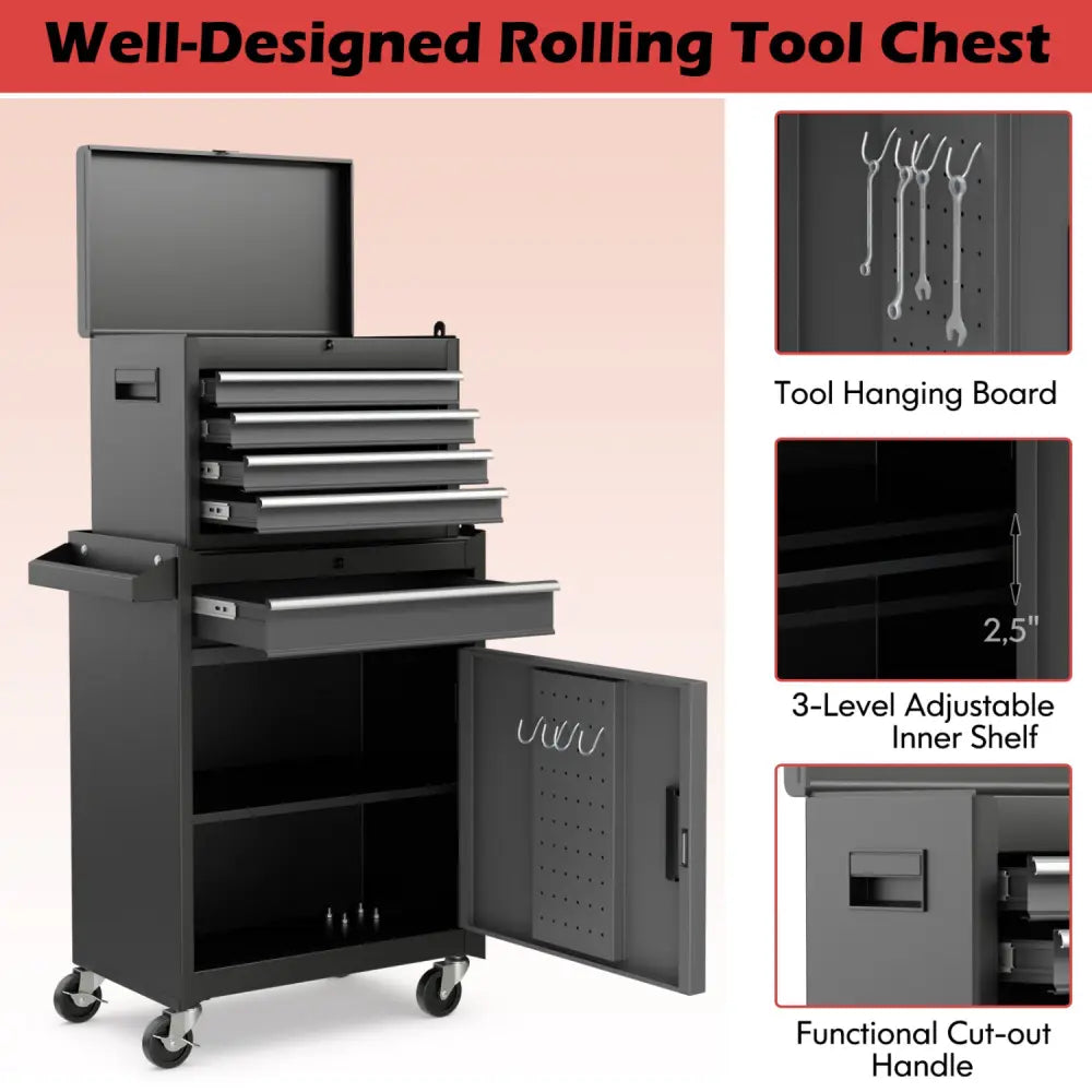2-in-1 Rolling Tool Chest with 5 Sliding Lockable Drawers-Black & Gray - Black & Gray - Garages