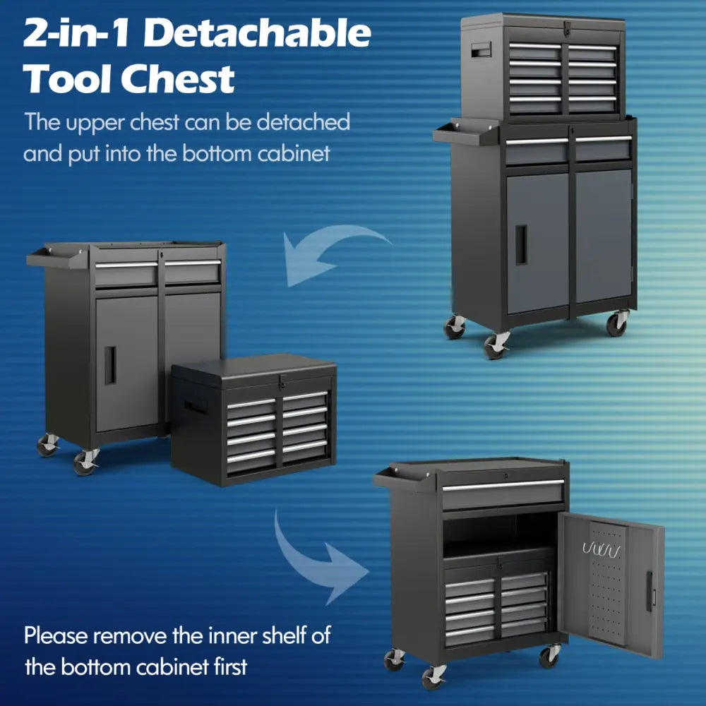 2-in-1 Rolling Tool Chest with 5 Sliding Lockable Drawers-Black & Gray - Black & Gray - Garages