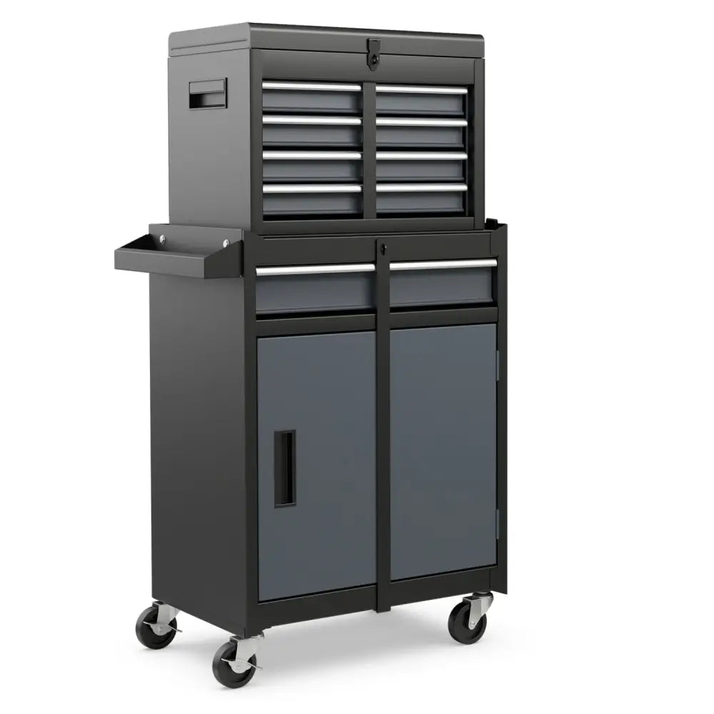 2-in-1 Rolling Tool Chest with 5 Sliding Lockable Drawers-Black & Gray - Black & Gray - Garages